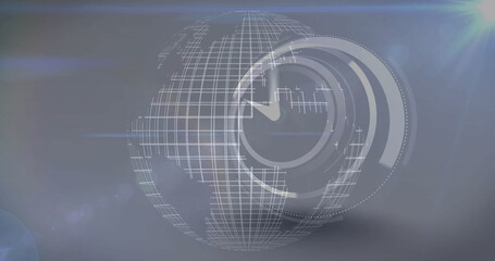Poster - Floating translucent wireframe globe overlaid by clock face in digital backdrop with lens flares