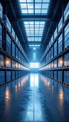 Poster - Futuristic Warehouse with Flickering Lights and Glass Ceiling