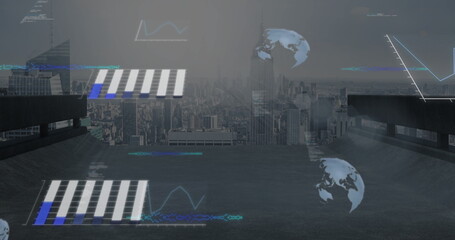 Poster - Animating holographic bar and line graphs on rooftop with railings, with rotating globe icons