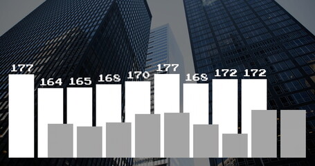 Poster - Displaying reflective glass towers ascending in business district, with frosted bar chart overlay