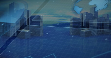 Poster - Displaying future city rising from grid plane in interface, with skyscrapers and light streaks