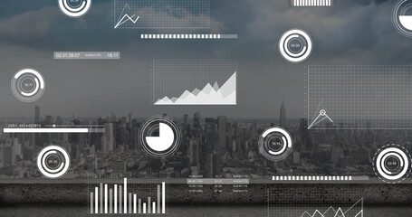 Poster - Displaying data interface showing charts, graphs and progress indicators over rooftop skyline