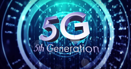 Aufkleber - Displaying metallic 5G text showing data flow in network interface, with globe and binary digits