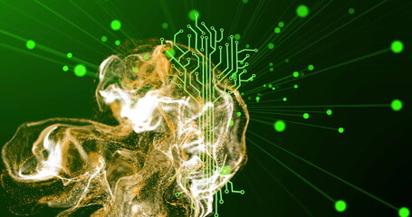Poster - Swirling golden particle cloud merging with neon green circuitry in digital network, glowing nodes
