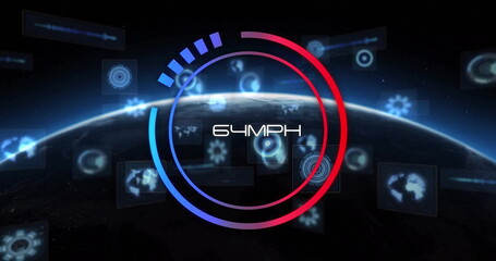 Poster - Indicating circular gauge reading 64MPH over Earth horizon from orbit, with holographic panels