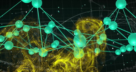 Poster - Displaying 3D network floating over dark grid, with glowing turquoise spheres and yellow clouds