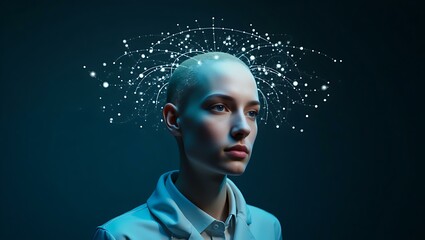 Poster - A contemplative young woman with a bald head showcases an artistic display of light particles above her head, symbolizing creativity.