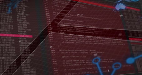 Aufkleber - Translucent red code panel executing JavaScript on dashboard, with 3D grid logs and world map nodes
