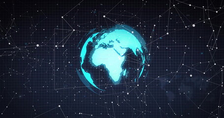 Fototapete - Floating turquoise digital globe showing continents in tech grid network with nodes and lines