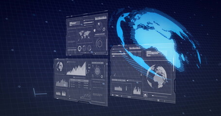 Poster - Displaying transparent data panels and rotating digital globe in grid space, with world maps