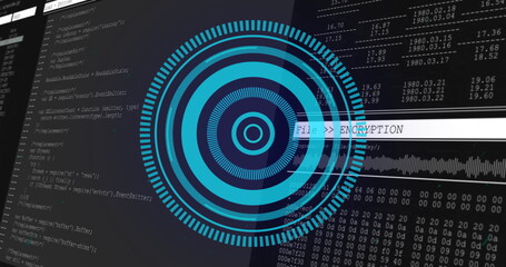 Poster - Displaying security interface at workstation, with encryption graphic, code and data panels