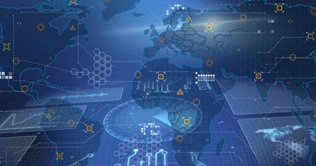 Aufkleber - Projecting holographic global map with HUD overlays on digital dashboard, with grid and data nodes