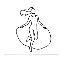 Poster - Woman jumping joyfully with flowing hair in single line outline vector  