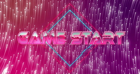 Poster - Flashing neon 'GAME START' text glowing in futuristic digital environment, with diamond frame