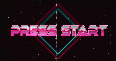 Poster - Neon pink PRESS START shining on black screen, with cyan pink diamond outlines and white speckles