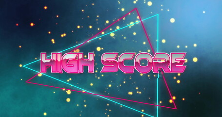 Poster - Neon pink HIGH SCORE text glowing in retro design, with cyan-magenta triangles, golden particles