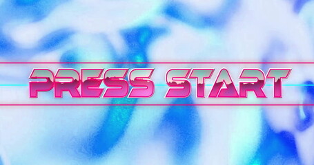 Poster - Displaying neon-pink PRESS START text being framed by horizontal accent lines, on glitchy backdrop