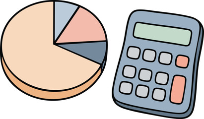 Poster - Calculator and multicolored pie chart illustrating data distribution and financial analysis concepts in simple design 