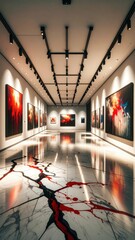 Poster - Deserted Art Gallery with Cracked Marble Floor and Bleeding Paintings