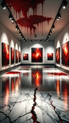 Poster - Bleeding Paintings in a Deserted Art Gallery with Cracked Marble Floor