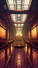 Poster - Abandoned Freight Elevator Shaft with Dramatic Light and Shadows