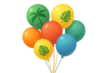 Poster - Colorful balloon collection featuring palm tree, monstera leaf patterns, floating against transparent background, evoking summer festivity