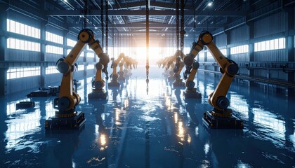 Poster - Flooded Warehouse with Robot Arms and Silhouetted Chains at Sunrise
