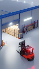 Poster - Foggy Warehouse with Forklift and Emergency Lights at Night