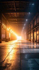 Poster - Foggy Warehouse with Graffiti and Golden Hour Lighting Effects