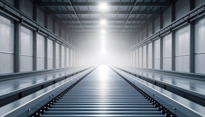 Poster - Foggy Warehouse Scene with Conveyor Belts and Spotlight Effects