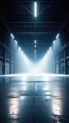 Poster - Foggy Warehouse with Steel Beams and Flickering Lights Illuminating Space