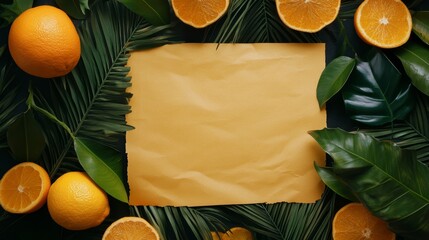 Poster - Flat lay of oranges, tropical leaves, and blank yellow paper.