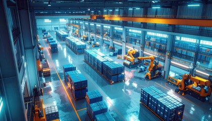 Poster - Futuristic Warehouse with Robots and Dusty Atmosphere