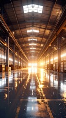 Poster - Futuristic Warehouse Interior with Golden Hour Light and Dust Motes