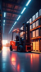 Poster - Futuristic Warehouse Scene with Idle Forklift and Cargo Stacking