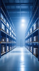 Poster - Futuristic Warehouse with Giant Shelves and Mist Under Moonlight