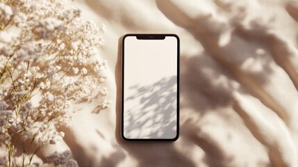 Poster - Smartphone mockup on textured fabric with flowers and sunlight shadows.