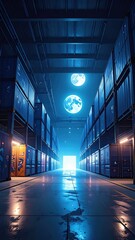 Poster - Futuristic Warehouse with Shipping Containers and Blue Lights