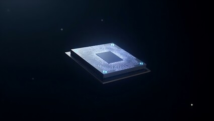 Poster - A futuristic microchip with luminous blue accents floating against a dark background, symbolizing advanced technology.