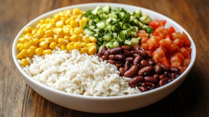 Poster - Colorful healthy bowl with rice, corn, kidney beans, cucumber, and tomato.