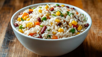 Aufkleber - A white bowl of rice with mixed vegetables including corn, peas, carrots, and kidney beans sits on a wooden table.