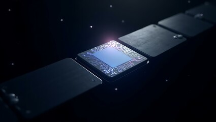 Poster - Close-up of a futuristic microchip in dark space, highlighting intricate circuitry and glowing elements, evoking a sense of advanced technology.