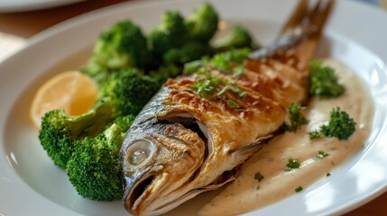 Aufkleber - Baked fish with broccoli and lemon on a white plate.