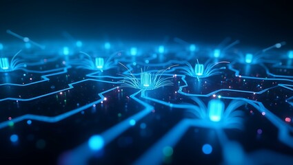 Poster - A vibrant illustration of interconnected circuits with glowing blue lines and abstract light patterns, creating a futuristic digital landscape.