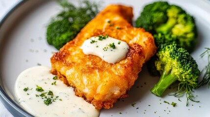 Poster - Crispy fried fish fillet with creamy sauce and steamed broccoli on a plate.