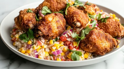 Poster - Crispy fried chicken wings served atop a vibrant corn and rice salad, garnished with fresh cilantro.