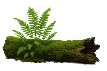 Poster - Vibrant green ferns sprout from a mossy log, creating a captivating natural scene against a transparent background