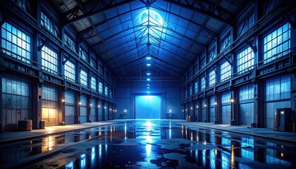 Poster - Industrial Gothic Warehouse with Glass Ceiling and Moonlight Effects