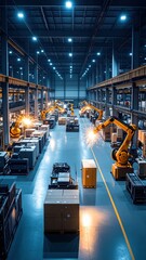 Poster - Industrial Gothic Warehouse with Flickering Lights and Robots