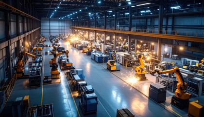 Poster - Industrial Gothic Warehouse with Flickering Lights and Robots